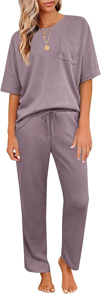 Womens Pajama Sets Waffle Knit Short Sleeve Shirt with Long Pajama Pants Soft Sleepwear Pj Lounge... | Amazon (US)