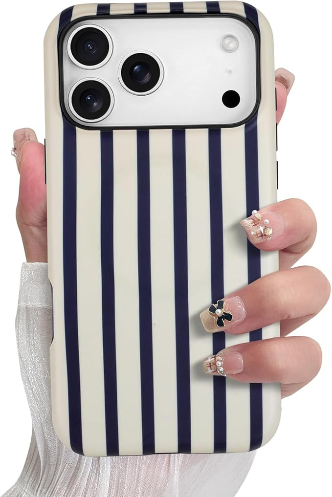 SOKAD Magnetic Vertical Stripes Phone Case for iPhone 17 Pro, Cute Navy Blue Striped Line Pattern... | Amazon (US)