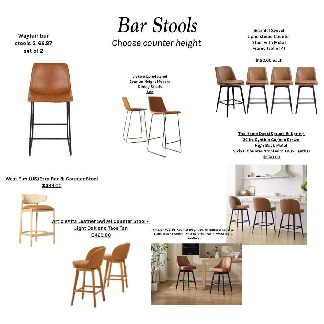 Camel leather bar stools and other counter height bar stools at various prices.  

Bar stools.  

#LTKSaleAlert #LTKHome #LTKFamily