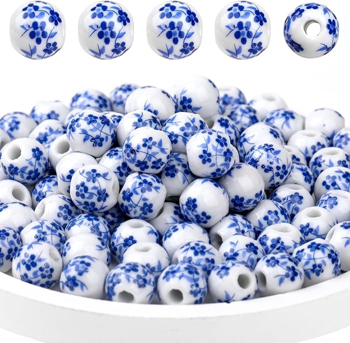 Ceramic Beads, 100Pcs Round Porcelain Beads 10mm Handmade Porcelain Blue Flower Printed Spacer Be... | Amazon (US)