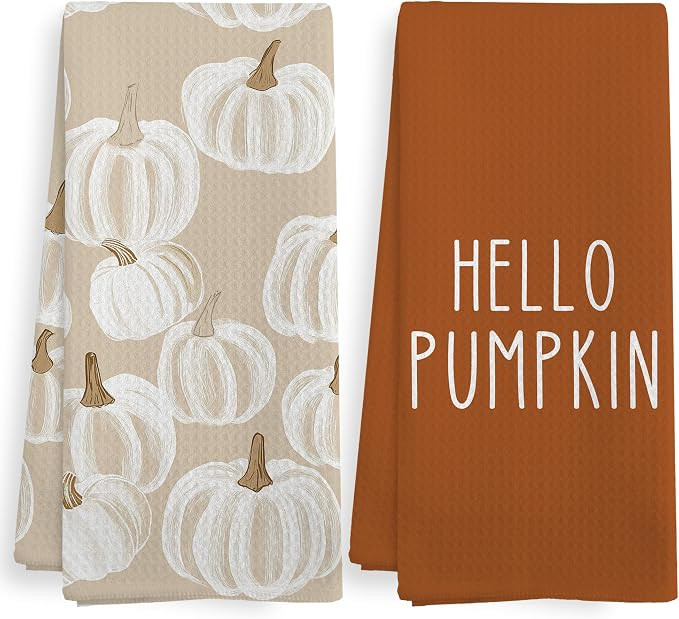 Fall Hello Pumpkin Kitchen Towels and Dishcloths Sets of 2, Fall Burnt Orange Beige White Pumpkin... | Amazon (US)