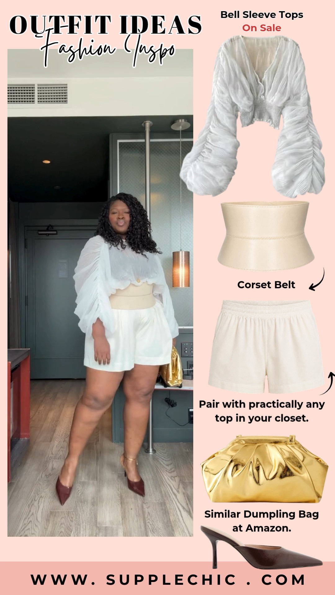 A well-styled monochrome outfit creates an instantly polished look. These pieces work together beautifully while also being easy to wear separately. The flowy top adds a feminine touch, the shorts create a comfortable silhouette, and accessories bring the entire outfit together for a chic everyday or special occasion look.   White outfit ideas, all white outfit women, summer outfit ideas, plus size fashion, curvy fashion outfits, chic summer outfits, feminine outfit ideas, white shorts outfit, statement sleeve top, casual elegant outfits, neutral outfit ideas, vacation outfit inspiration, date night outfit ideas, elevated basics, women’s fashion inspiration

#LTKootd #LTKSeasonal #LTKMidsize