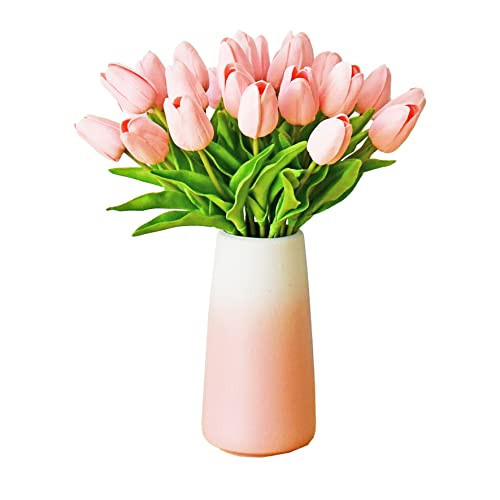 Mandy's Artificial Tulips 28 Stems Light Pink with Vase PU Faux Flowers for Valentine's Day and New Year Decorations Wedding Home Decor 13.5 Inch | Amazon (US)