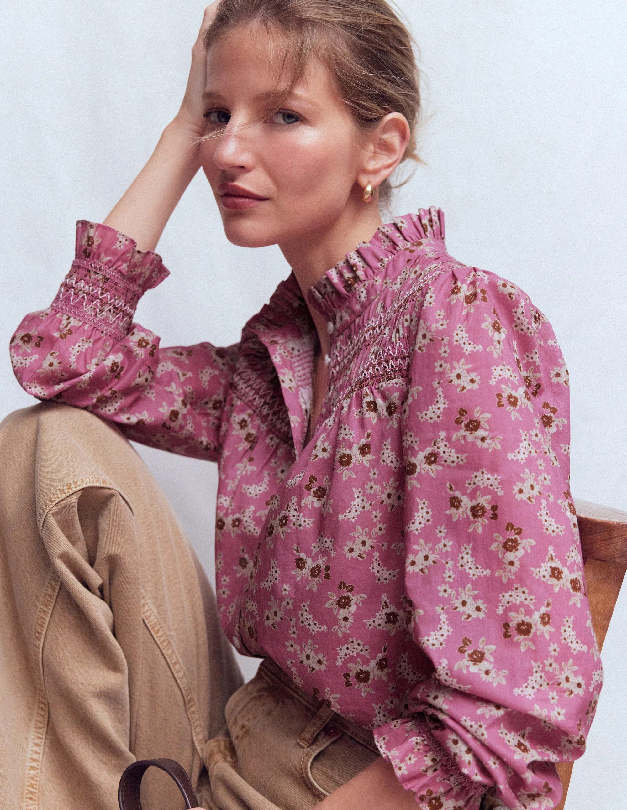 Esme Smocked Detail Frill Top-Orchid Purple, Dainty Blooms | Boden (US)