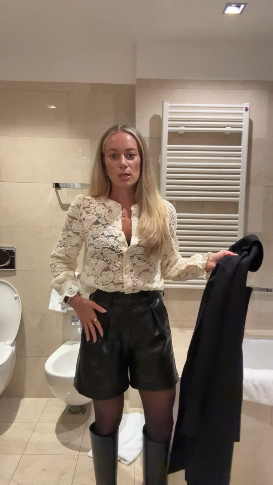 Dinner outfit in Milan.  Lace top, leather shorts, tights, @Reformation boots, and Amazon sweater coat! 

Wearing small in all. 

Dinner ootd, date night, travel outfit, outfits for Milan, date night style 

#LTKootd #LTKTravel