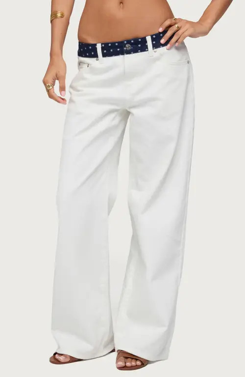 EDIKTED Polka Dot Waist Low Rise Wide Leg Jeans in White at Nordstrom, Size Small | Nordstrom