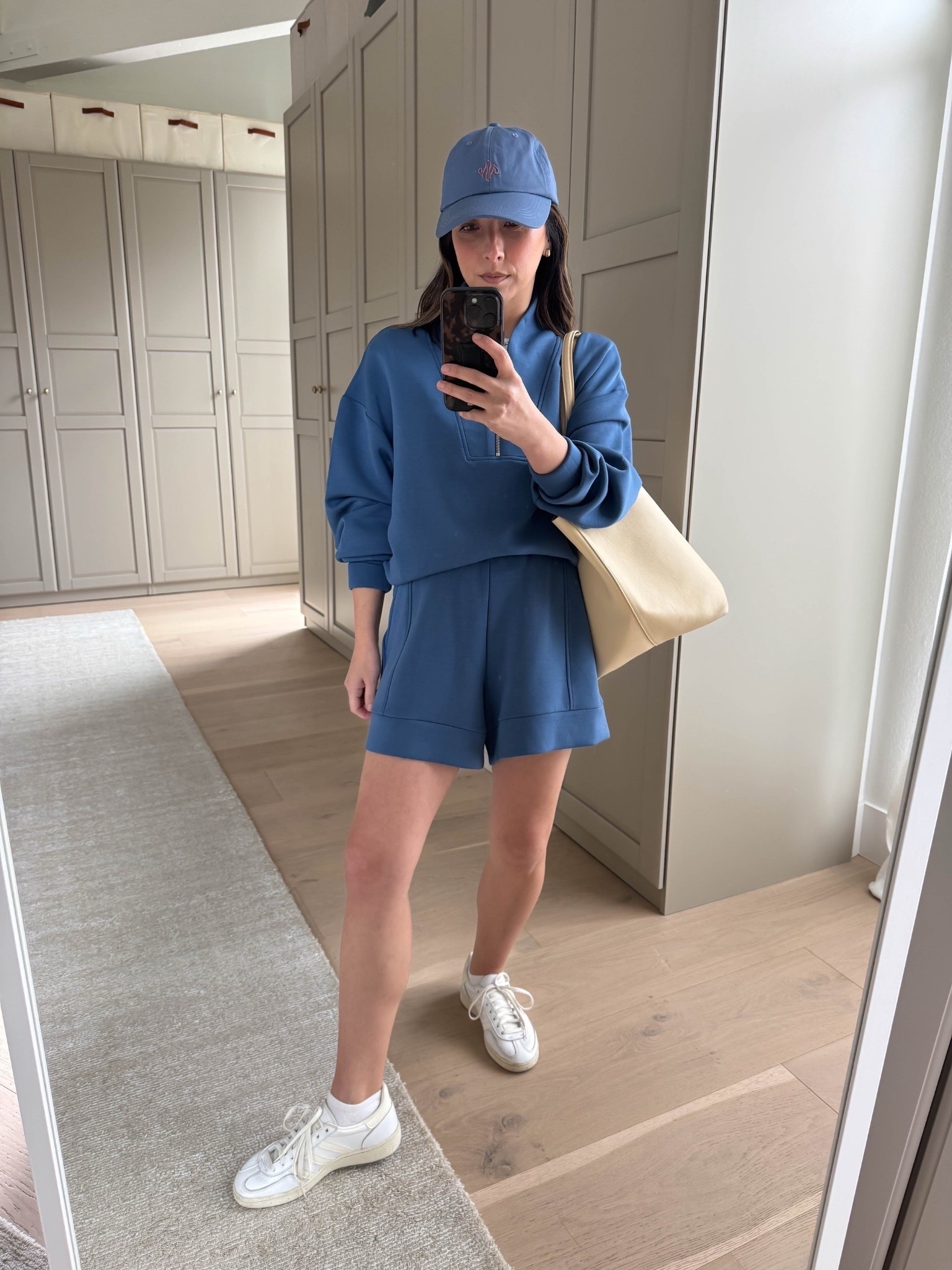 New spring blue set in from Varley. Material is stretchy and butter soft. The best sets 👏🏼

Davidson pullover sized up to small 
Atrium shorts in xs, perfect length
Melvin club cap
Mansur Gavriel tote 
Adidas speczial sneakers 

Petite style, mom style, spring outfits 2026, athleisure, spring style 



#LTKmomlife #LTKActive #LTKPetite