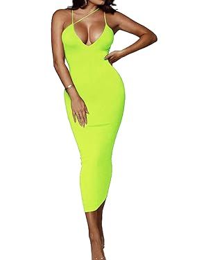 PRIMODA Women's Sexy Neon Asymmetrical Spaghetti Strap Dress Deep V-Neck Sleeveless Bodycon Midi ... | Amazon (US)