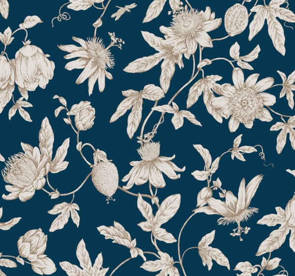 Passion Flower Toile Wallpaper- Navy | York Wallcoverings