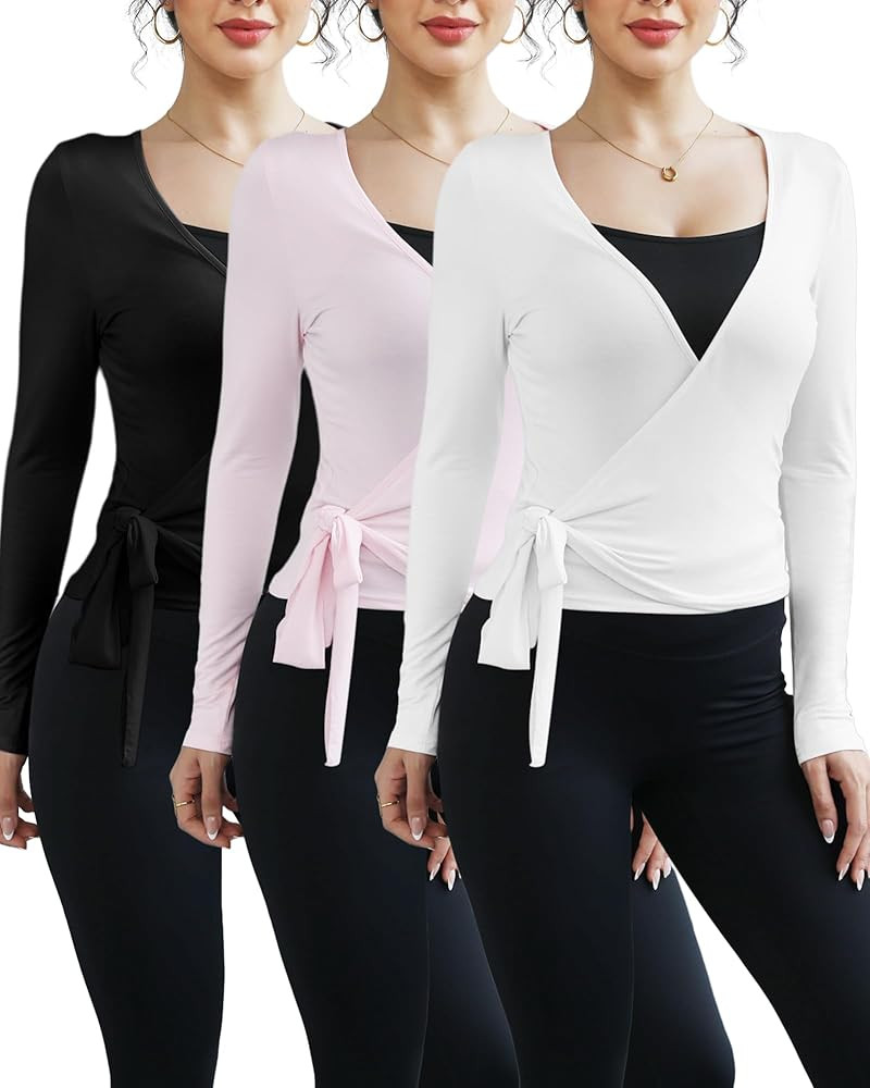 3 Pack Women Ballet Pilates Wrap Tops Y2K Workout Yoga Wrap Shirts Dance Long Sleeve Tie Front Cr... | Amazon (US)
