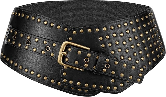 JASGOOD Women Elastic Wide Belt Vintage Studded Stretchy Waist Belts for Dress Pants | Amazon (US)