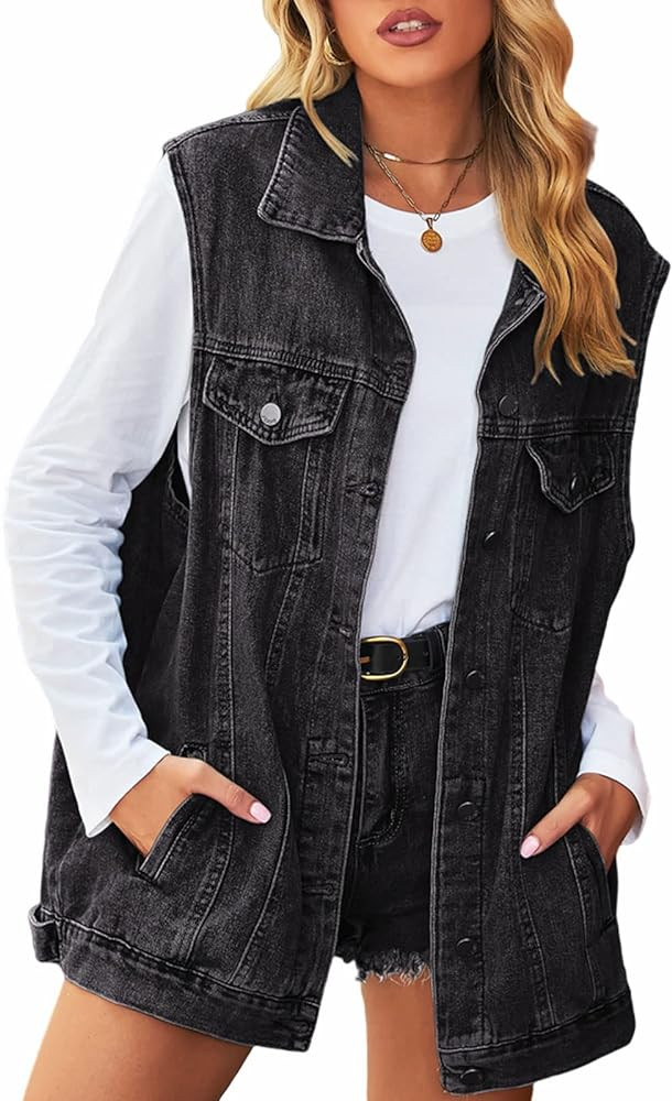 Women's Denim Vest Oversized Casual Classic Sleeveless Button Denim Jacket | Amazon (US)