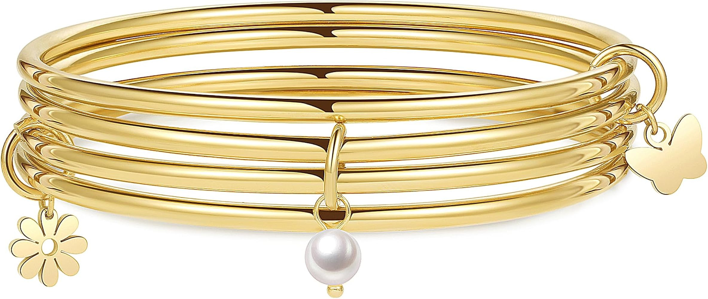 DS Bangle Bracelets for Women 18K Gold Plated Stainless Steel Layering Glossy Stackable Thin Roun... | Amazon (US)