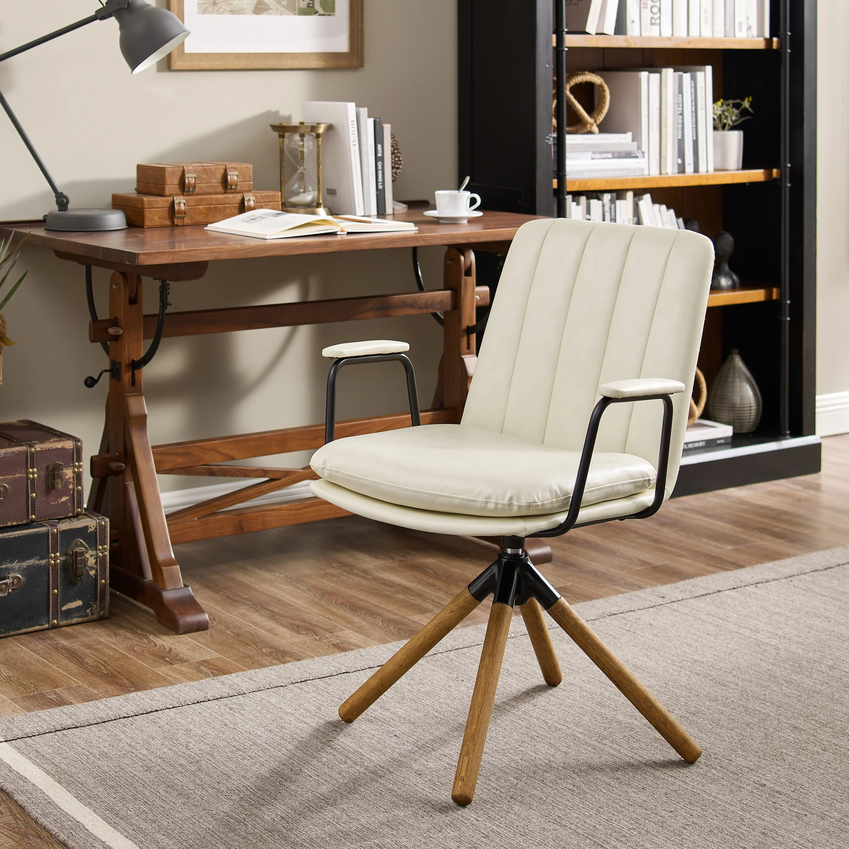 Art Leon Mid-Century Swivel Accent Chair - No Wheels,Upholstered Faux Leather Desk Chair with Oak... | Walmart (US)