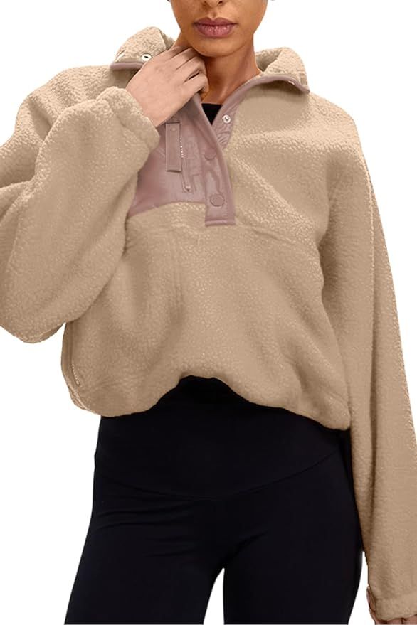 Aoang Womens Oversized Sherpa Jacket Fuzzy Fleece Teddy Coat with Pockets Colorblock | Amazon (US)