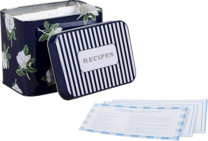 Draper James Magnolia Recipe Storage Tin Box with 24 Card and 8 Dividers, one, Blue | Amazon (US)