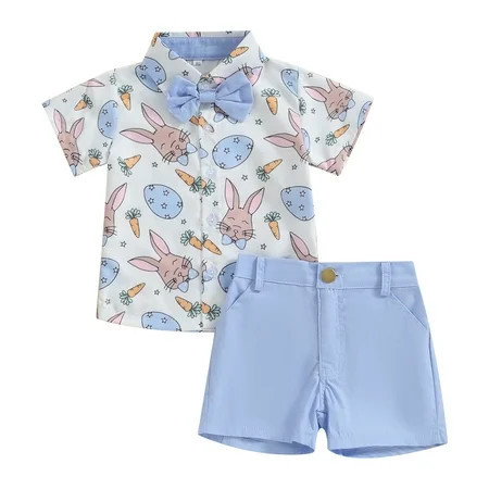 Elippeo Toddler Boys Easter Outfits 6 12 18 24 3 4 Years Months Carrot Rabbit Print Bowtie Short Sleeve Shirts Tops and Shorts 2Pcs Summer Clothes Set | Walmart (US)