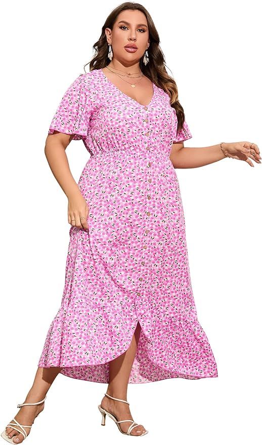 KOJOOIN Plus Size Summer Dress for Women Short Bell Sleeve V Neck Button Ruffle Hem High Low Flor... | Amazon (US)