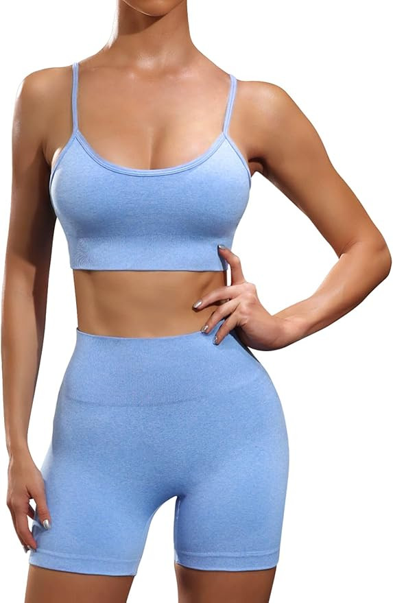 Womens Workout Sets 2 Piece Seamless Biker Short Set High Waist Shorts with Padded Sports Bra S-X... | Amazon (US)
