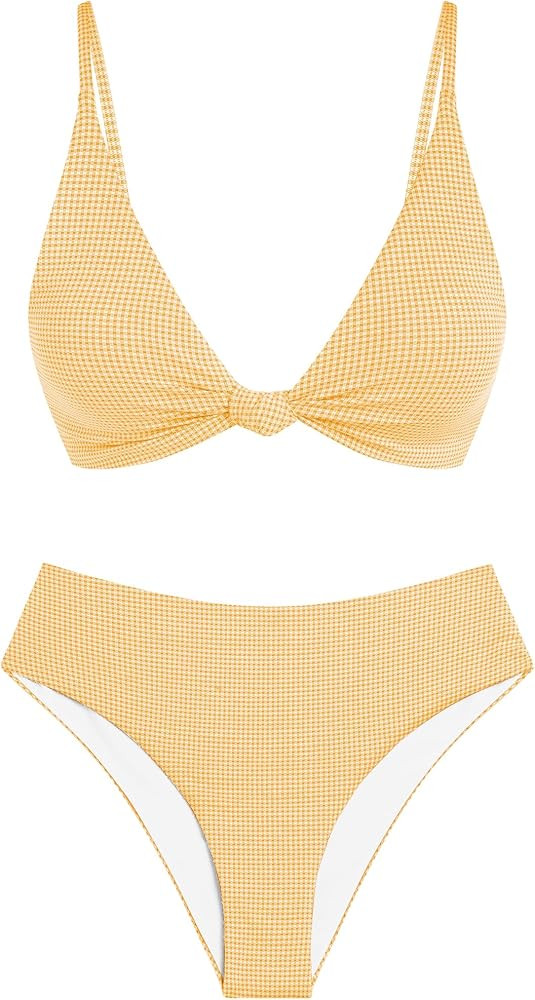 ZAFUL Bikini Set for Women V Neck Knot Front Push Up Bathing Suit High Cut Two Piece Swimsuit Bra... | Amazon (US)