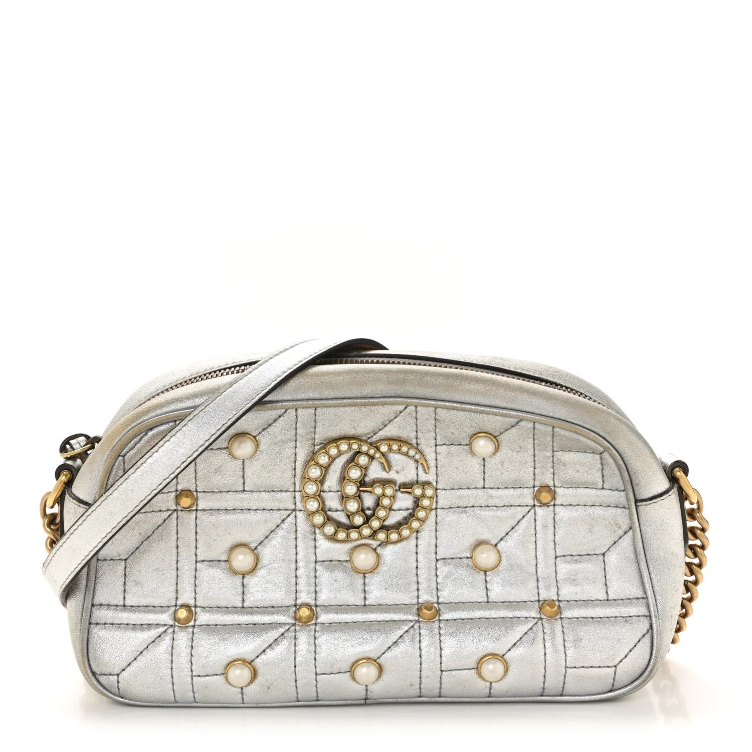 Metallic Calfskin Matelasse Studded Small Pearly GG Marmont Chain Shoulder Bag Silver | FASHIONPHILE (US)