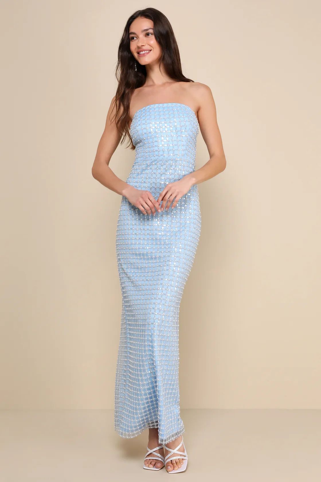 Perfectly Luxurious Light Blue Pearl Strapless Maxi Dress | Lulus