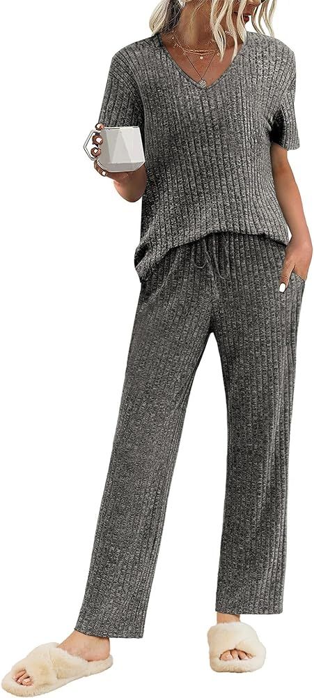 Ekouaer Lounge Sets for Women Ribbed Knit Pajama Set Short Sleeve Top and Long Pants Set with Poc... | Amazon (US)