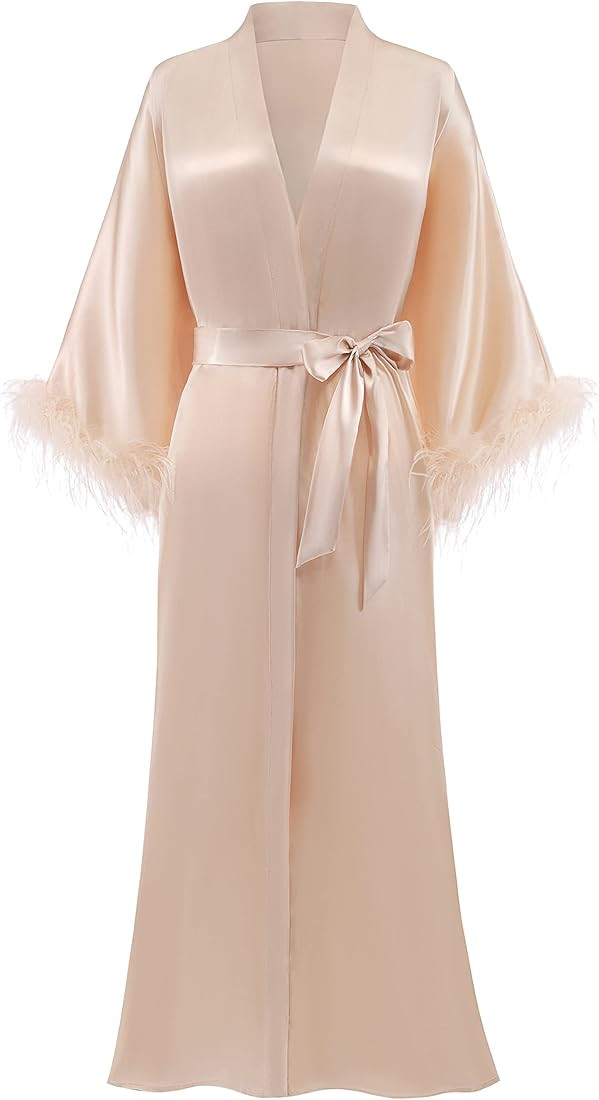 PRODESIGN Satin Kimono Robe Long Bath Robe with Ostrich Feather Trim Sleepwear Wedding Bridesmaid Ro | Amazon (UK)