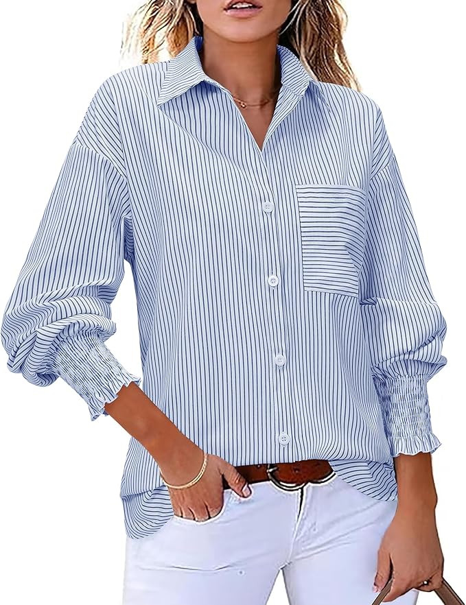 Womens Oversized Button Down Shirts Striped Smocked Cuff Long Sleeve Fall Blouses with Pocket Cas... | Amazon (US)