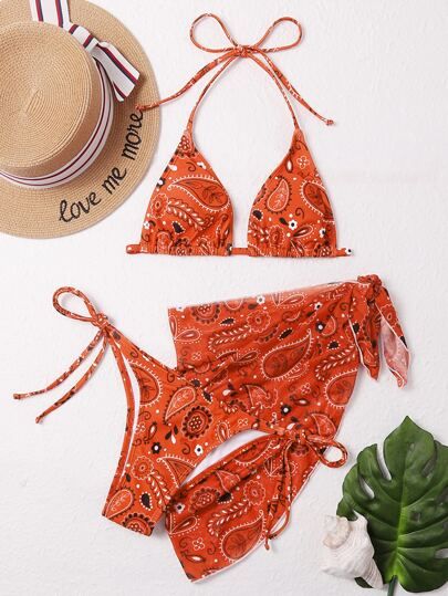 3pack Paisley Print Triangle Bikini Swimsuit & Beach Skirt | SHEIN
