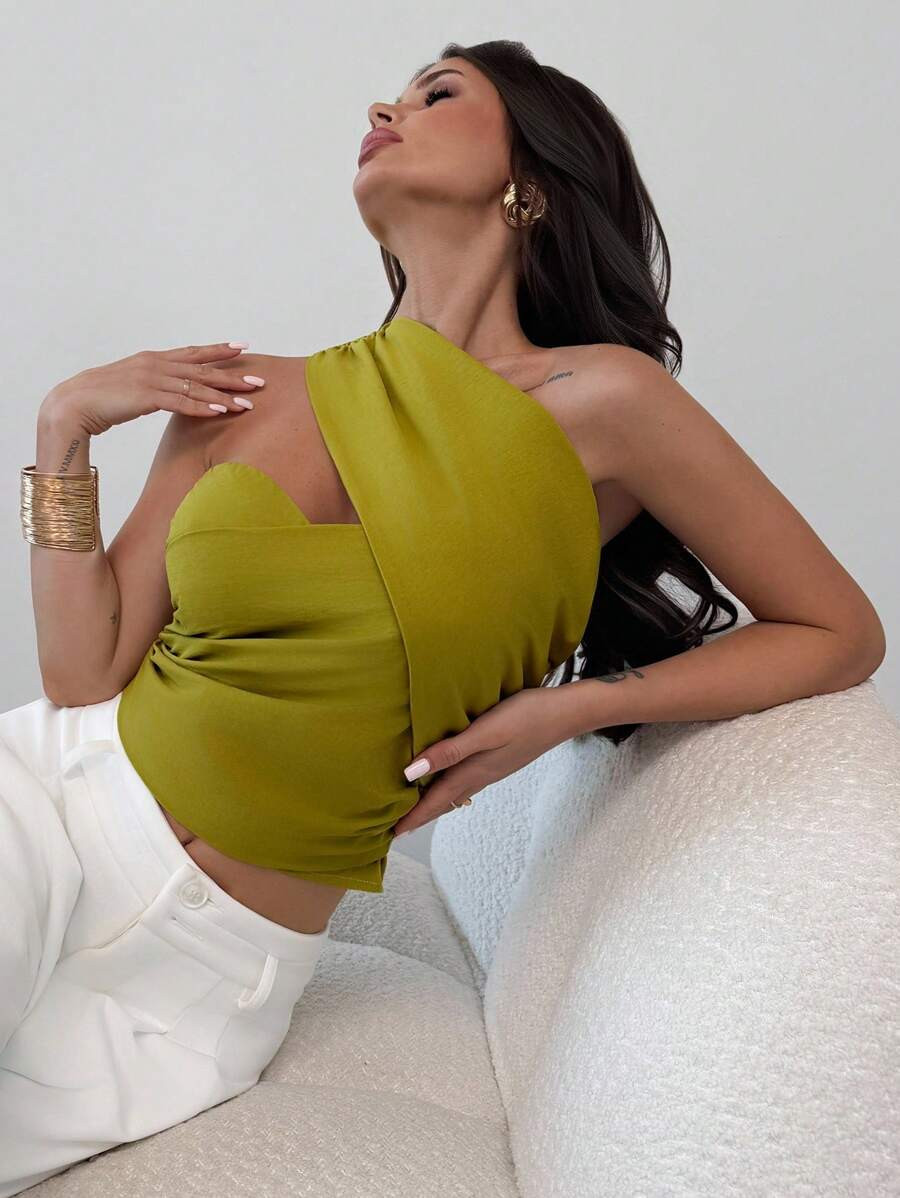 Firerie Ladies New Casual Sage Green Asymmetrical Shoulder Top, Green Cup Ruffle Waist Top, Suita... | SHEIN