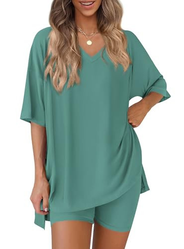 PRETTYGARDEN 2 Piece Sets for Women Summer 2026 Lounge Short Set Spring Matching Biker Shorts V Neck Oversized Shirt Clothing (Fruit Green,Small) | Amazon (US)