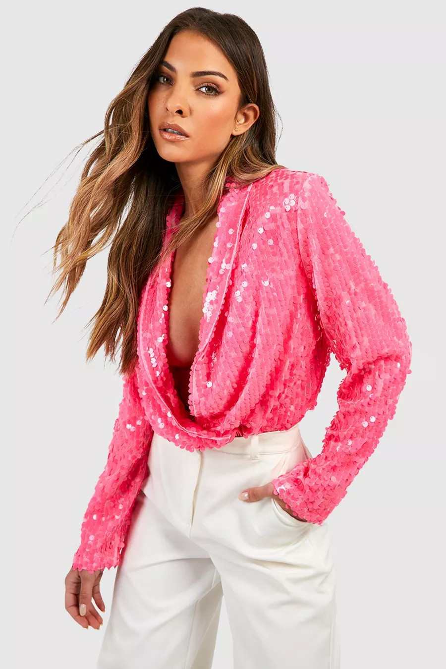 Pink Wrap Collared Sequin Bodysuit | Boohoo.com (UK & IE)
