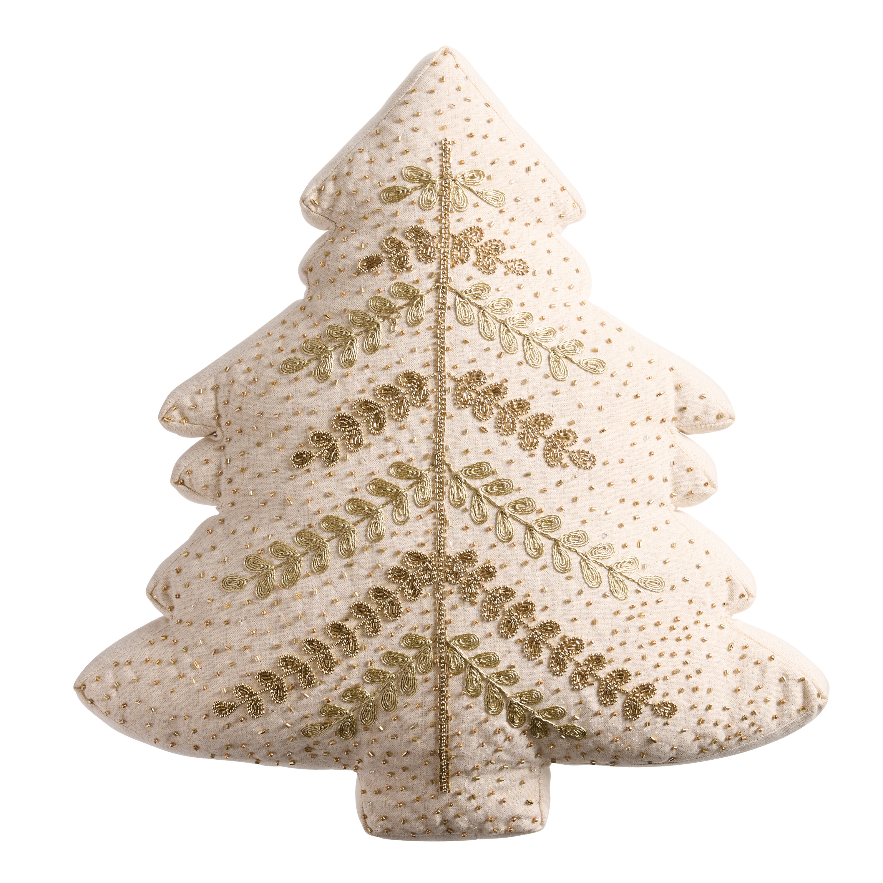 Ivory Beaded Christmas Tree Shaped Throw Pillow | World Market
