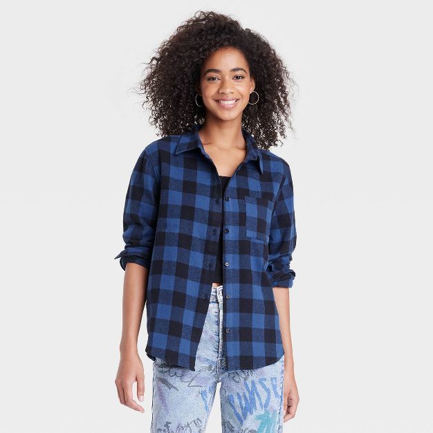 Women's Grateful Dead Long Sleeve Checkered Graphic Button-Down Shirt Flannel - Navy Blue | Target