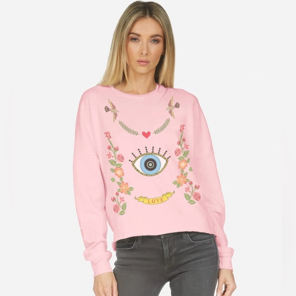Lauren Moshi Pink Sweatshirt with Artistic Eye and Floral Motif Sz XS | Poshmark