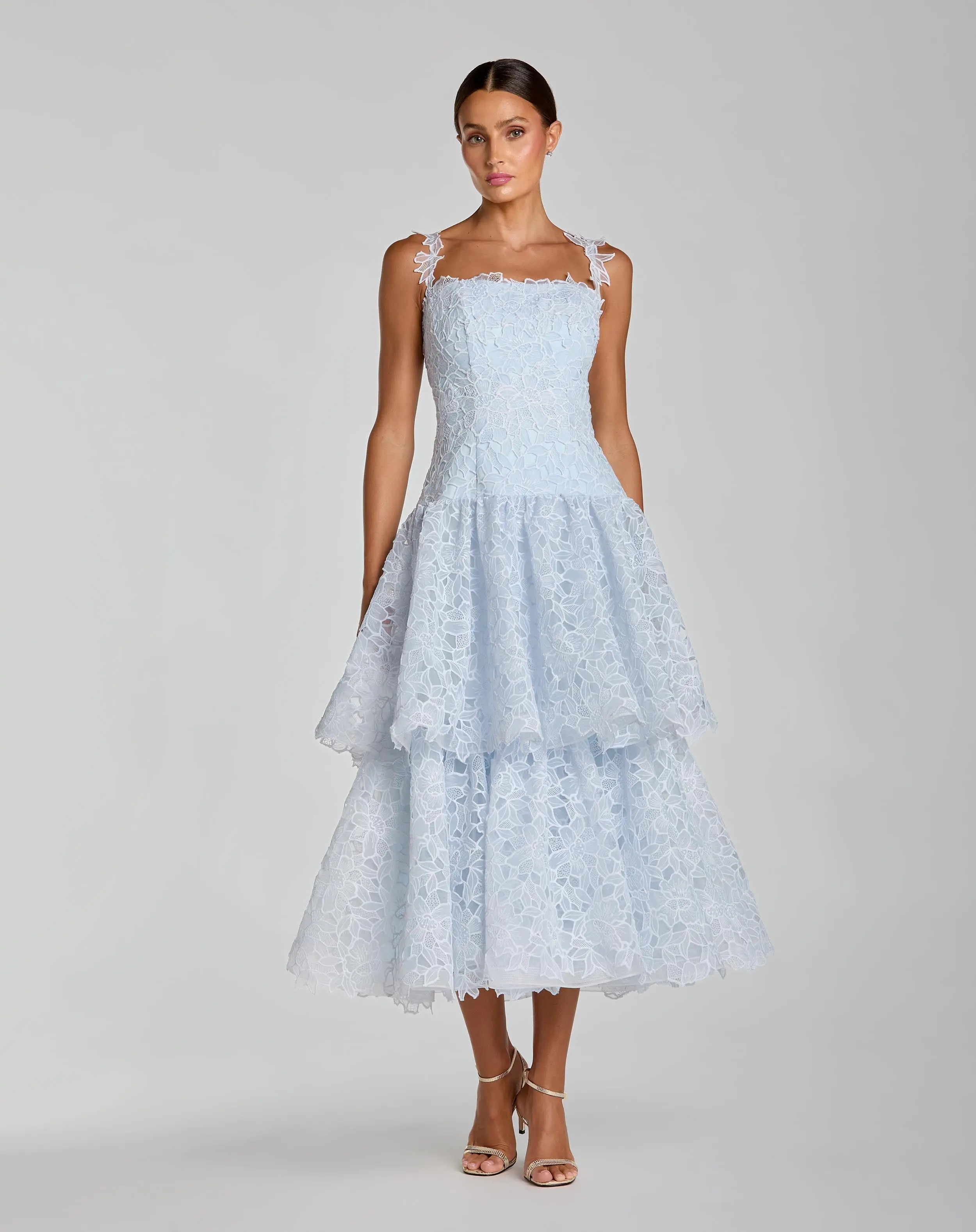Blue Sleeveless Embroidered Lace Tiered Midi Dress | Mac Duggal | Mac Duggal