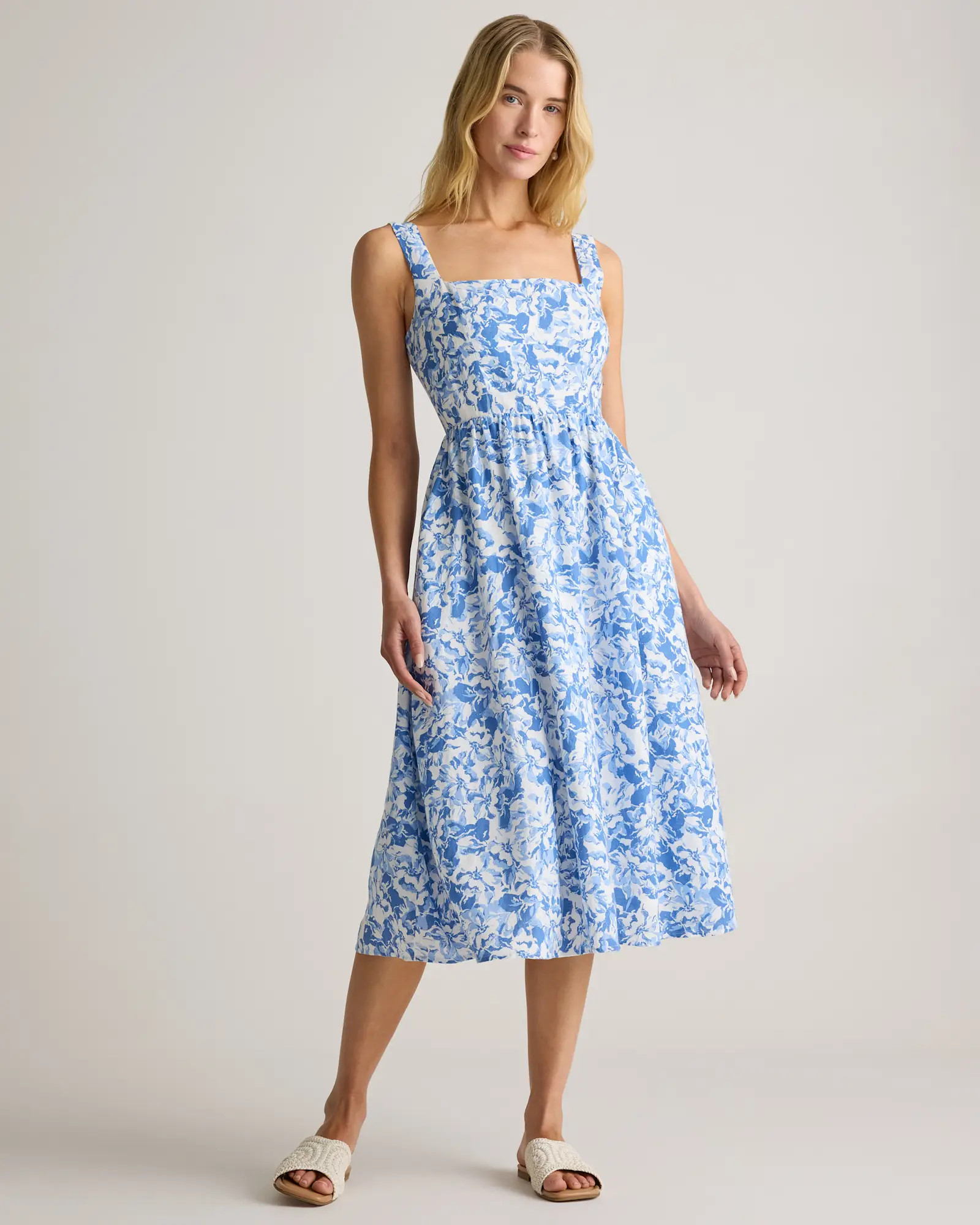 100% European Linen Fit & Flare Midi Dress in Floral Waterfall | Quince