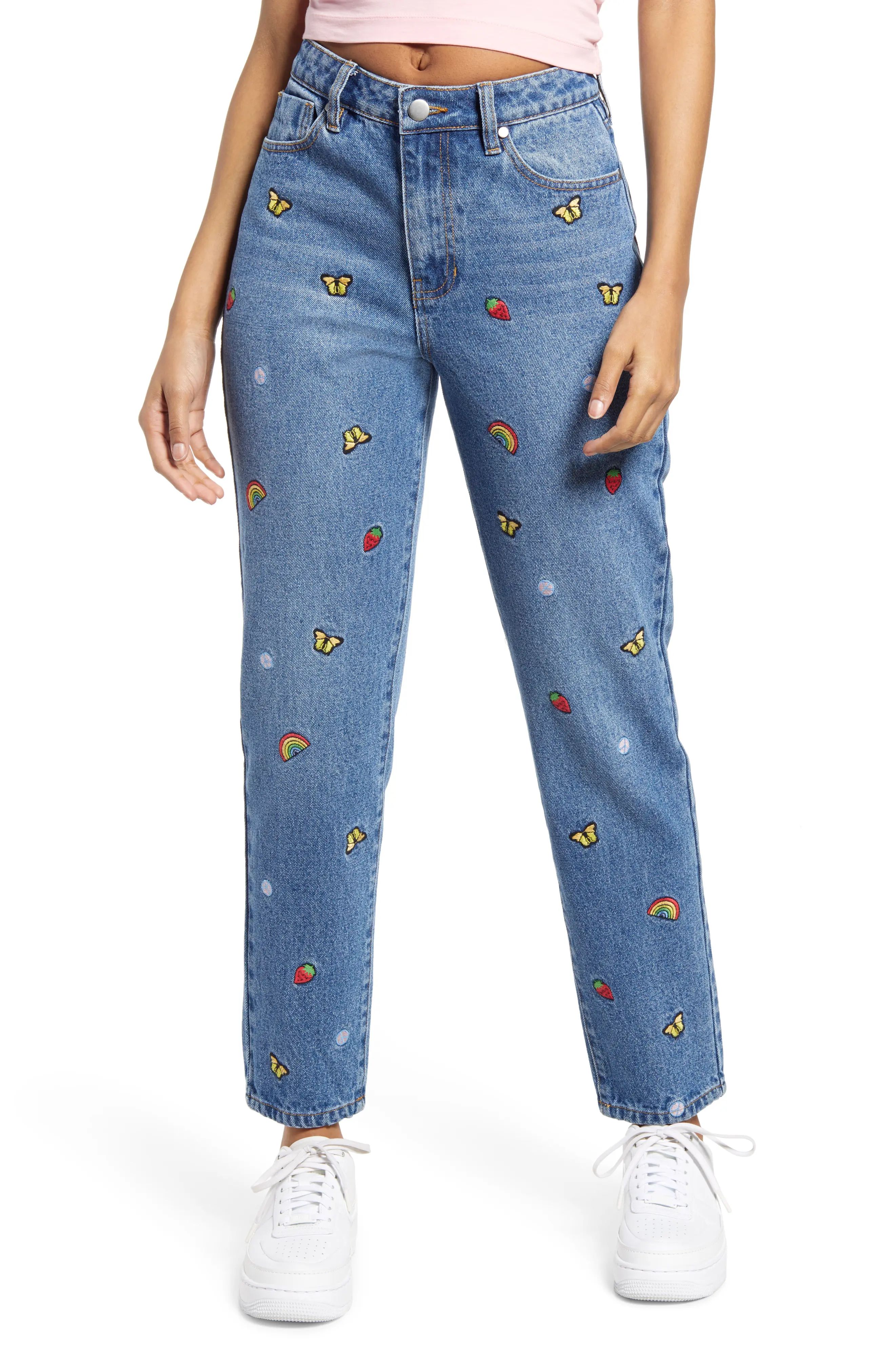 Women's Bp. Mixed Embroidery Mom Jeans, Size 31 - Blue | Nordstrom