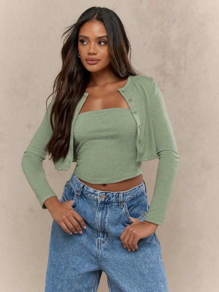 MISSGUIDED Two-Piece Sage Green Ribbed Knit Set With Crop Top And Button-Up Cardigan - Casual Mod... | SHEIN