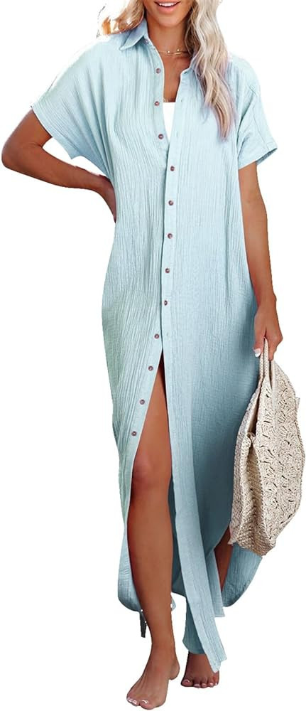 Herseas Womens Casual Short Sleeve Button Down Dress Side Split Long Kimonos Cardigans Swimsuit C... | Amazon (US)
