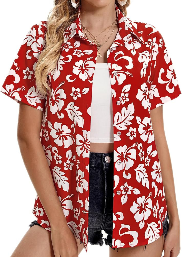 Hawaiian Shirts for Women Tropical Shirt Summer Beach Button Down Short Sleeve Blouses Floral Top... | Amazon (US)