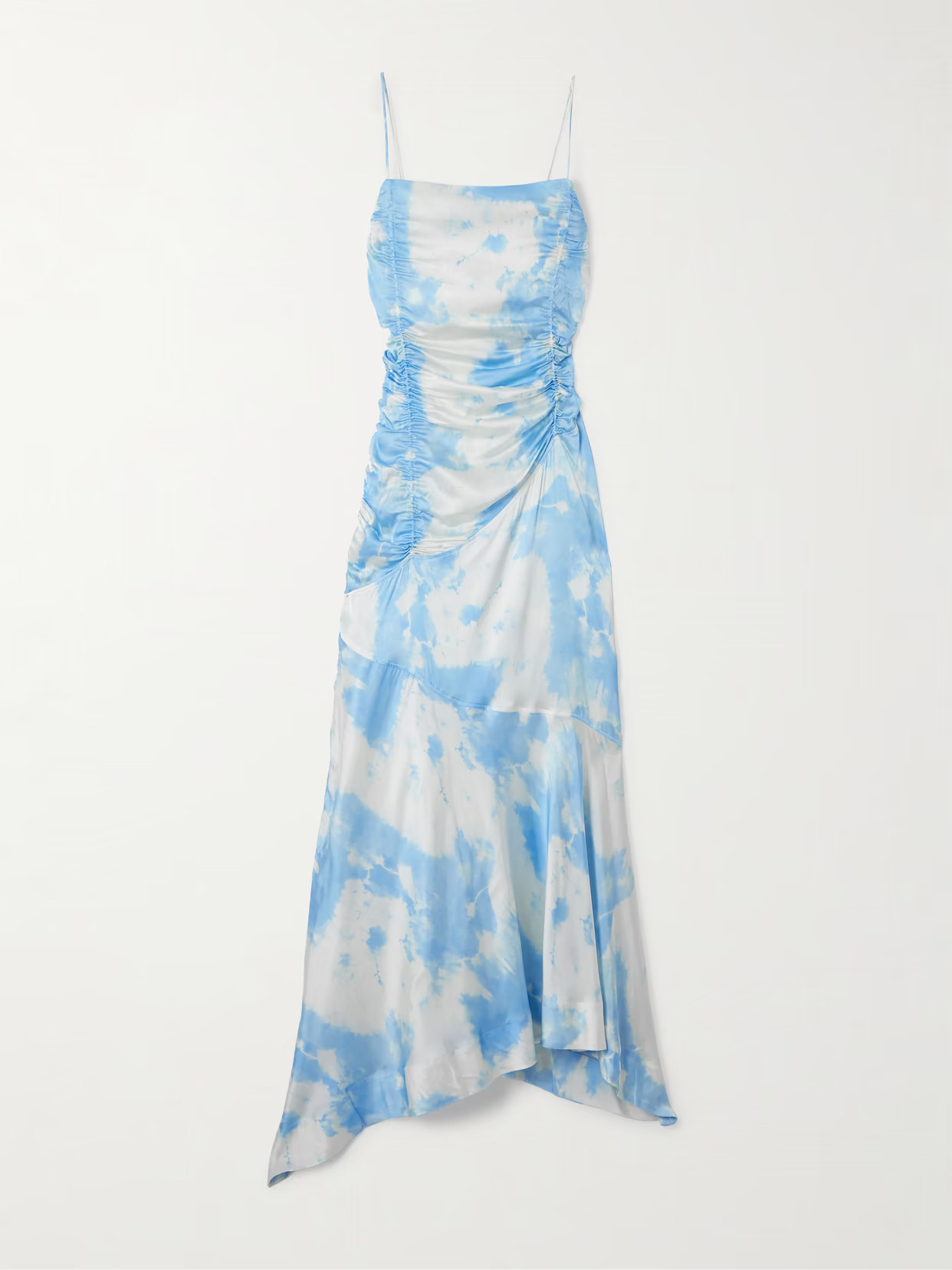 GANNI - Ruched Asymmetric Printed Recycled-satin Midi Dress - Blue | NET-A-PORTER (US)