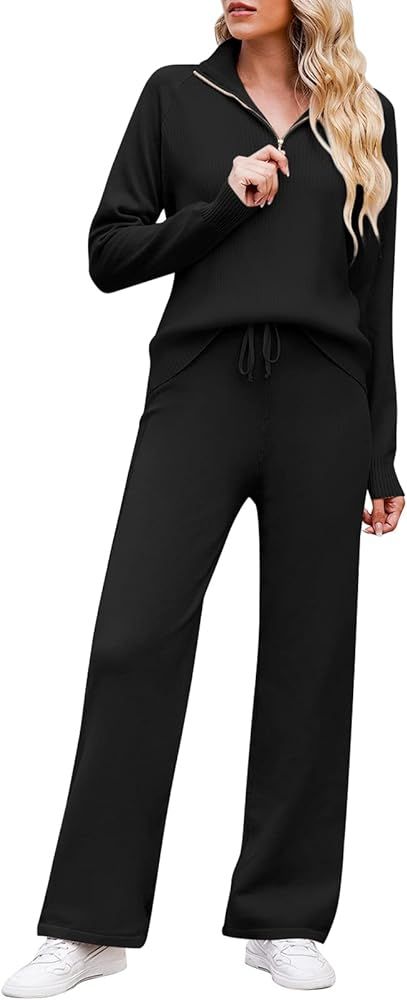 Fixmatti Women 2 Piece Knit Outfits Half Zipper Sweater Top and Wide Leg Pants Sweatsuit Set | Amazon (US)
