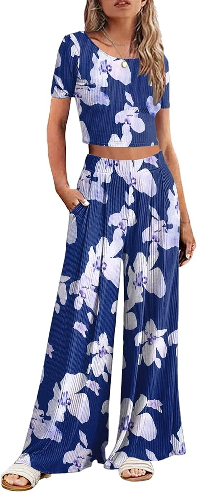 Ekouaer Women's 2 Piece Lounge Sets Ribbed Knit Crop Top Wide Leg Pants with Pockets S-XXL | Amazon (US)