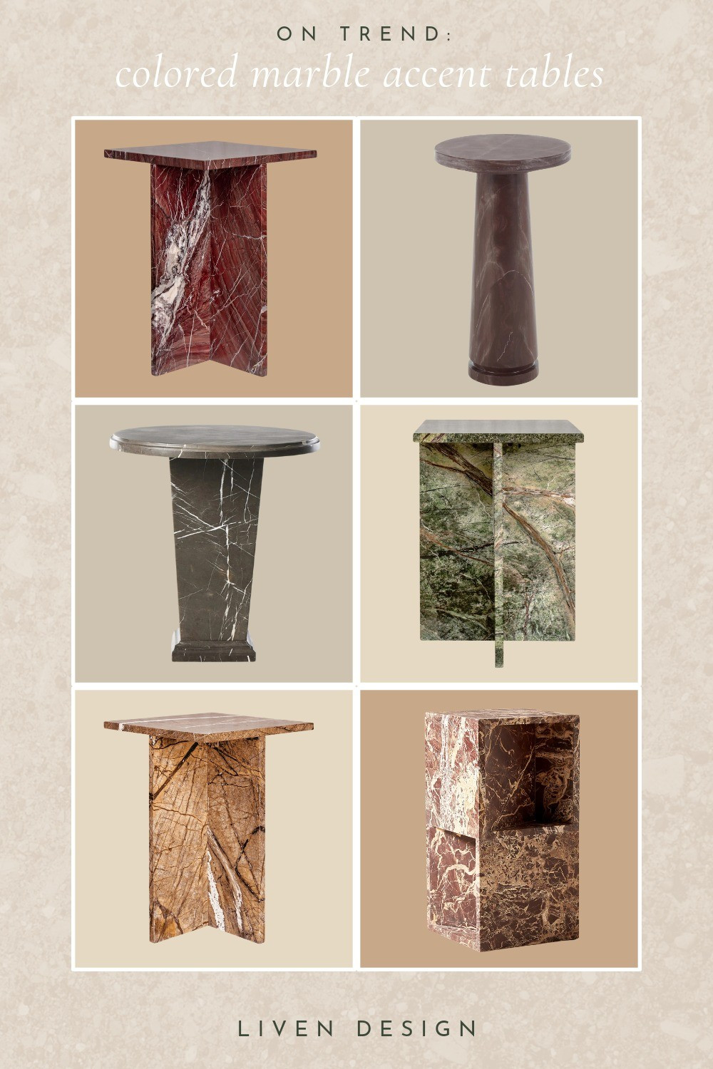 Colored marble accent side table. Colored marble table. End table. Red marble table. Green marble side table. Brown marble table. Beige marble. Stone side table. Modern side table. Pedestal side table. Martini table. Living room. Burgundy marble table. Pink marble table. 

#LTKSaleAlert #LTKHome #LTKStyleTip