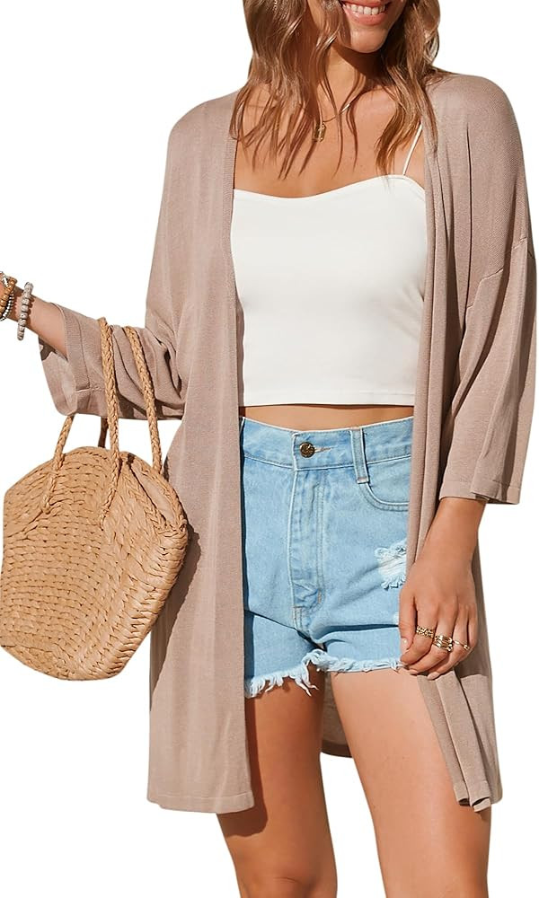 Arach&Cloz Womens 2024 Casual 3/4 Short Sleeve Open Front Cardigan Lightweight Kimono Summer Beac... | Amazon (US)