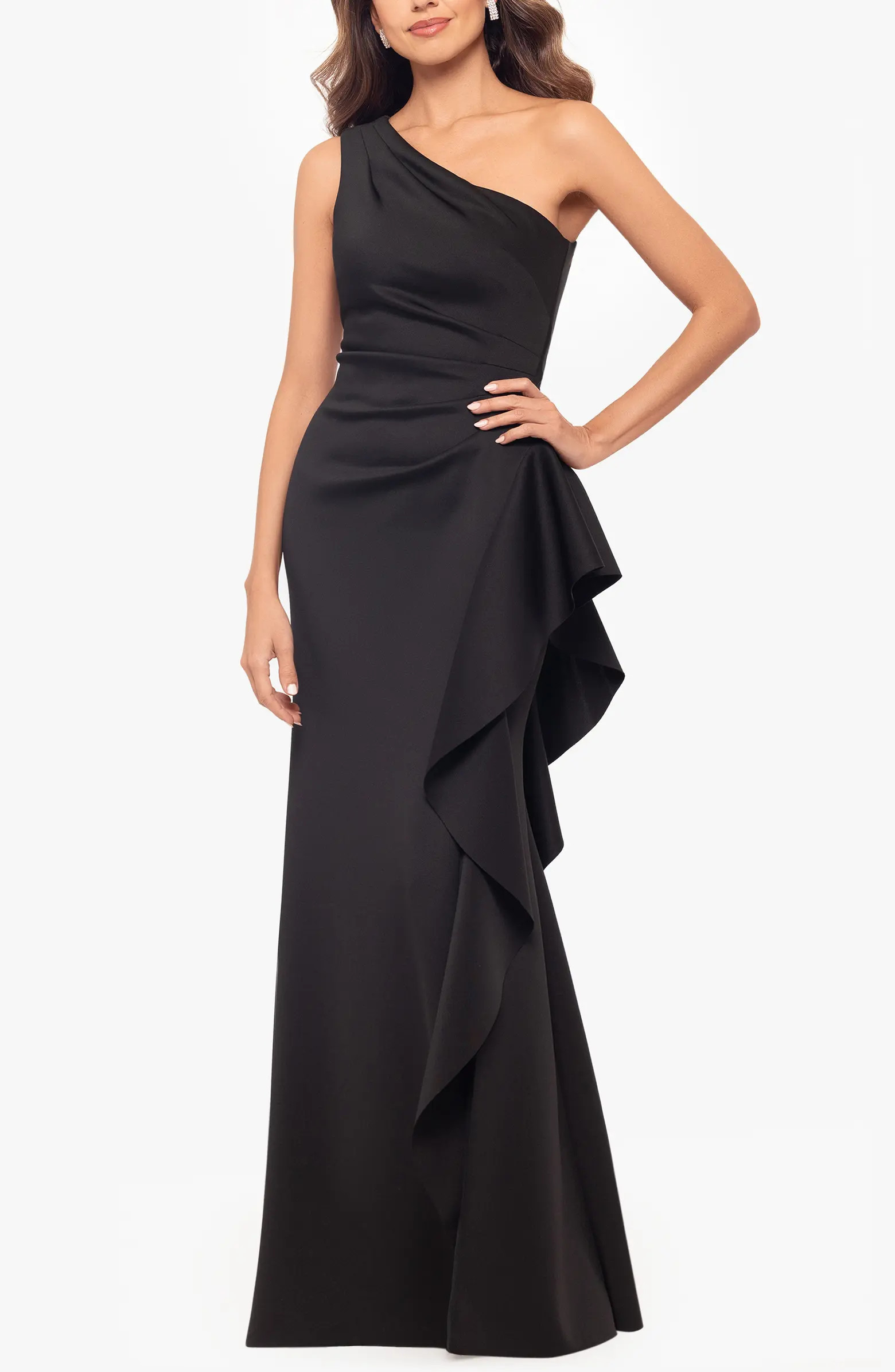 One-Shoulder Ruffle Scuba Crepe Gown | Nordstrom