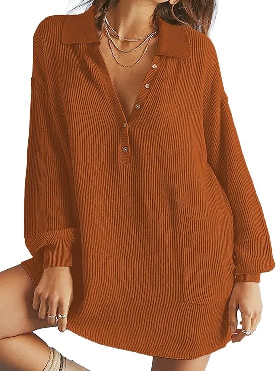 DEEP SELF Women's V Neck Oversized Mini Sweater Dress Long Lantern Sleeve Knit Ribbed Button Casu... | Amazon (US)