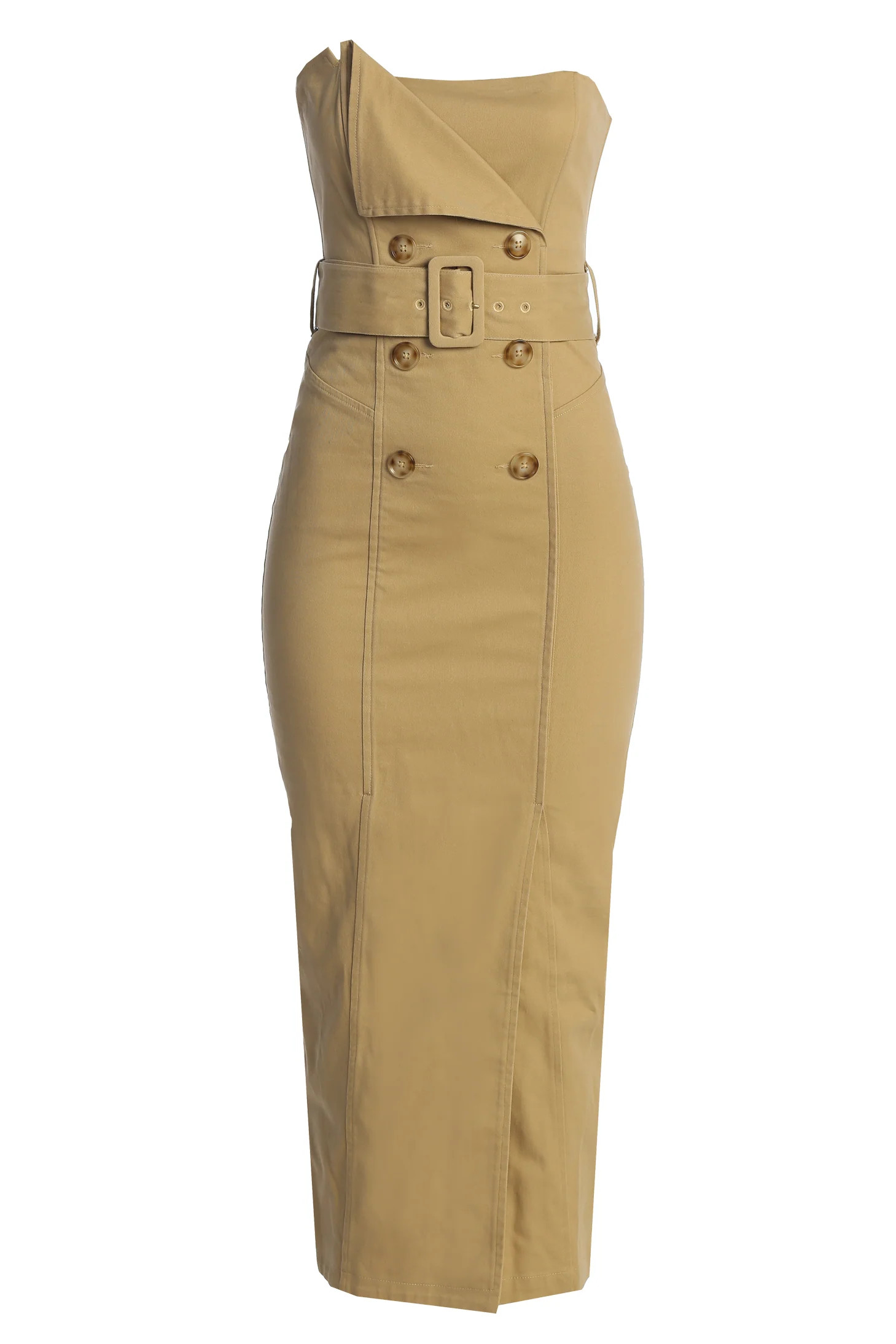 Khaki Asymmetric Belted Midi Dress | JLUXLABEL